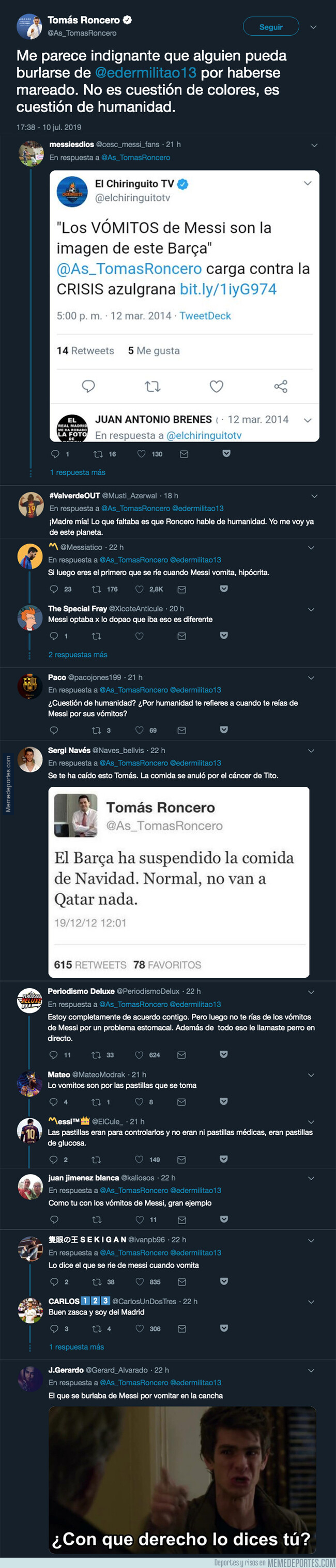 1080796 - Tomás Roncero intenta dar una lección a todos por reírse de Militao al marearse y recibe unas respuestas antológicas