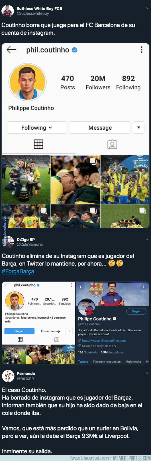 1081477 - El detalle de Coutinho en sus redes sociales que deja claro que se aleja del Barça de forma inminente