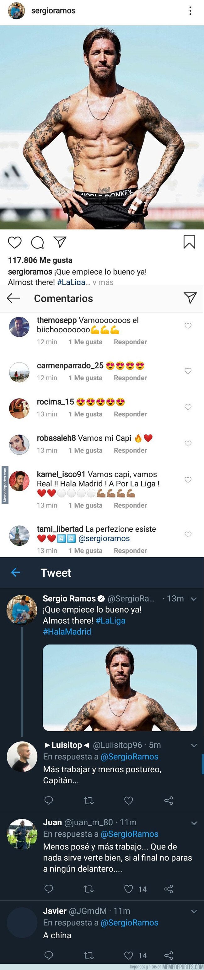 1083536 - Sergio Ramos sube esta foto marcando musculitos y esta es la diferencia de comentarios que recibe en Instagram y en Twitter