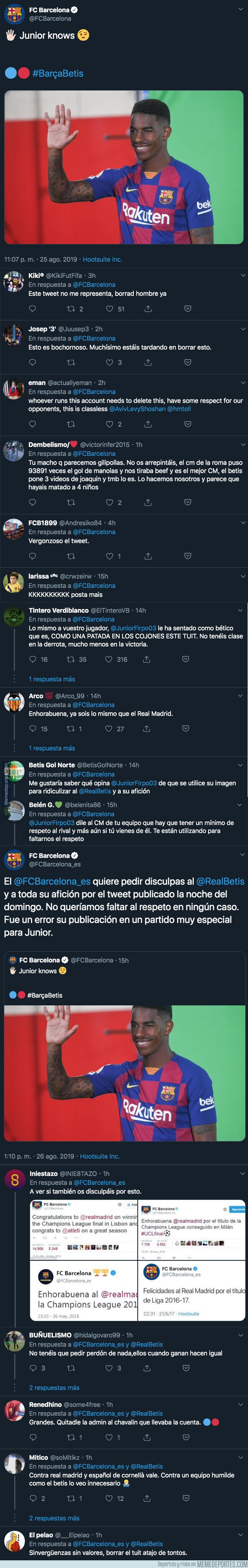 1084270 - El Barça ha tenido que salir a pedir perdón por este tuit que escribieron con la imagen de Junior Firpo tras ganar 5-2