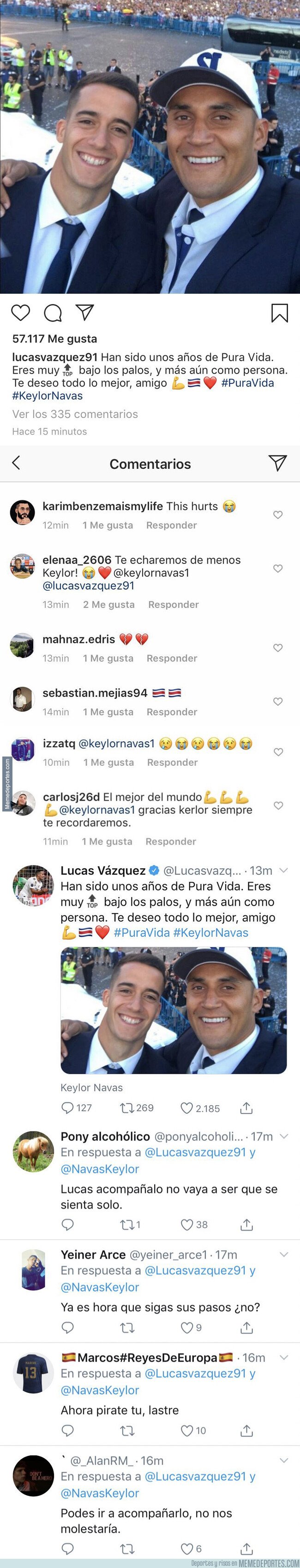 1085668 - Te meas de la risa: Esta es la gran diferencia de comentarios que recibió Lucas Vázquez en Twitter e Instagram al despedirse de Keylor Navas