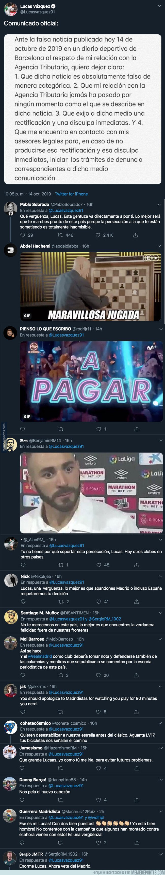 1088498 - Lucas Vázquez anuncia que es mentira que Hacienda le haya denunciado y le están llegando respuestas totalmente legendarias