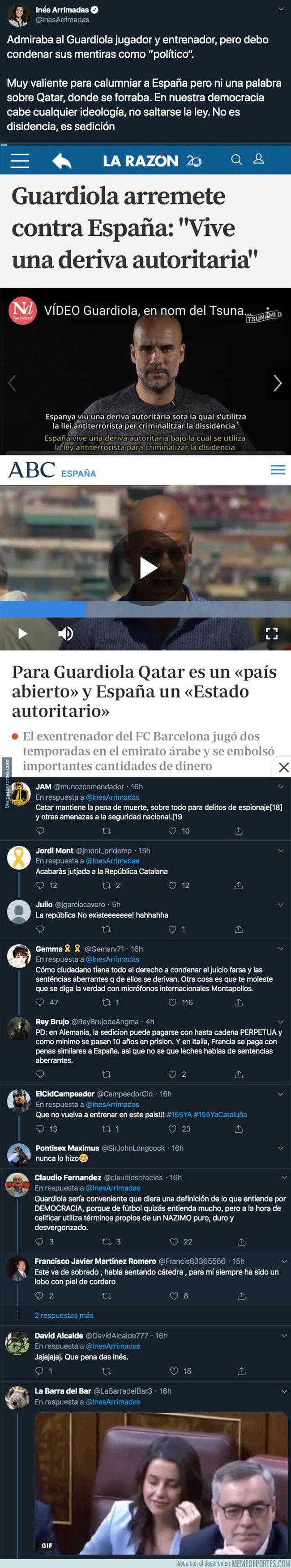 1088504 - Inés Arrimadas carga contra Pep Guardiola por su mensaje político con este duro tuit