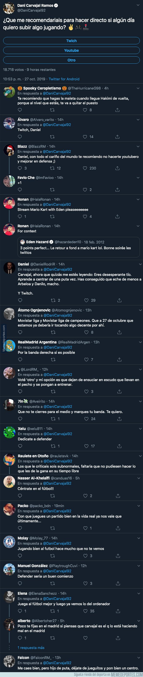 1089484 - Dani Carvajal pregunta en que plataforma puede subir vídeos suyos jugando a videojuegos y la gente no tiene piedad en las respuestas