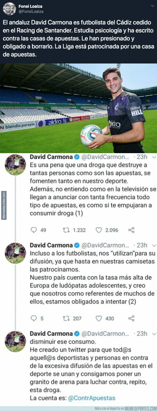 1089762 - Escándalo tremendo: estos son los tuits de David Carmona, futbolista del Cádiz, que ha escrito contra las casas de apuestas y que le han obligado a borrar