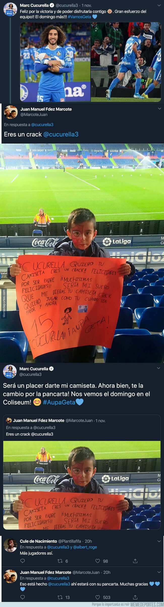 1090477 - El enorme gesto de Marc Cucurella con un joven aficionado del Getafe que le pidió su camiseta en una pancarta