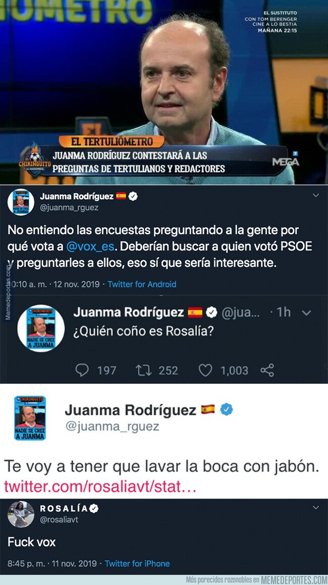 1090864 - Juanma Rodríguez (El Chiringuito) estalla contra la cantante Rosalía tras poner este mensaje sobre VOX y borra los mensajes más tarde