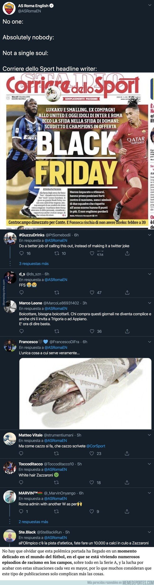 1092738 - La brutal respuesta de la Roma al 'Corriere dello Sport' tras la repugnante portada llena de racismo que está dando mucho que hablar