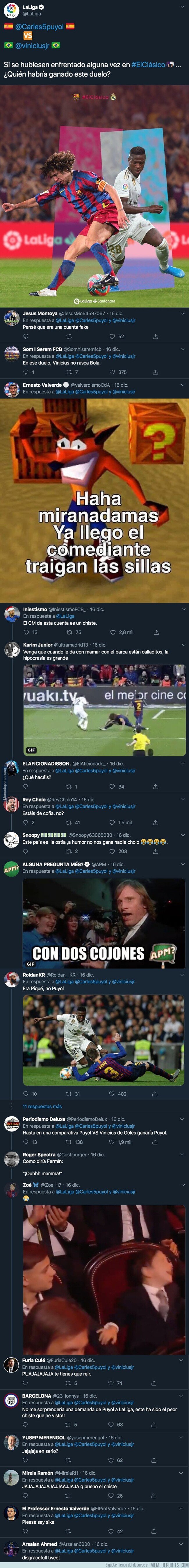 1093835 - Gran polémica: La Liga junta en una misma imagen a Vinicius con Puyol preguntando quien ganaría en un duelo y Twitter responde indignado