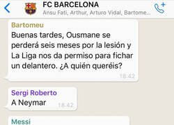 Enlace a Bartomeu pregunta por el delantero idóneo por el grupo de Whatsapp del Barça, por @deportes4parodia