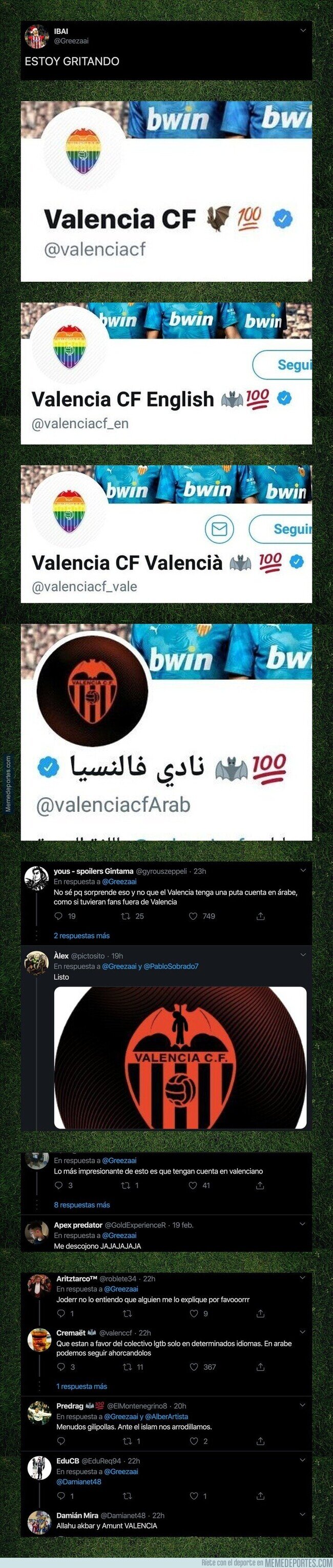 1098832 - Todo Twitter se está riendo por este detalle en el avatar de la cuenta del Valencia en árabe en comparación con las de inglés y español