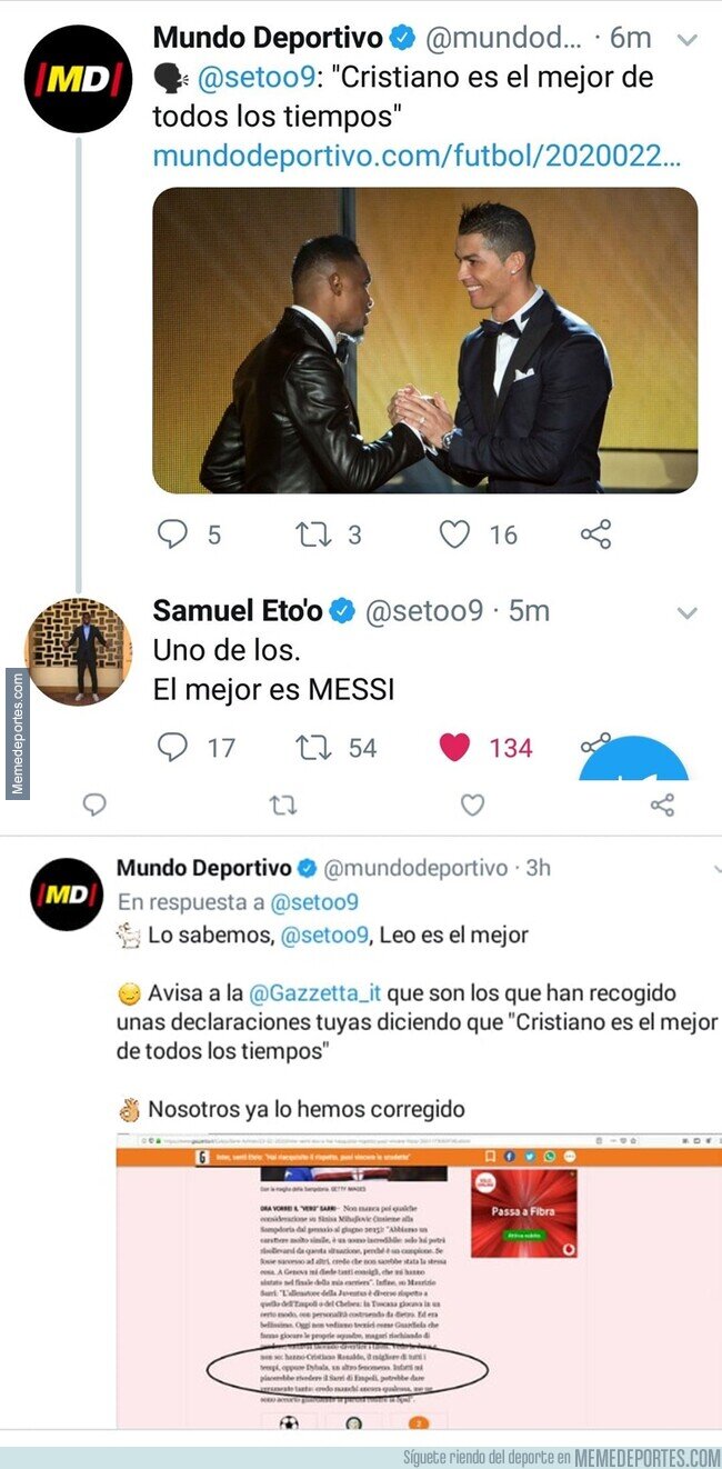 1099202 - Eto'o deja sin empleo a un becario de MD que quiso buscar el encabezado popular torciendo sus palabras
