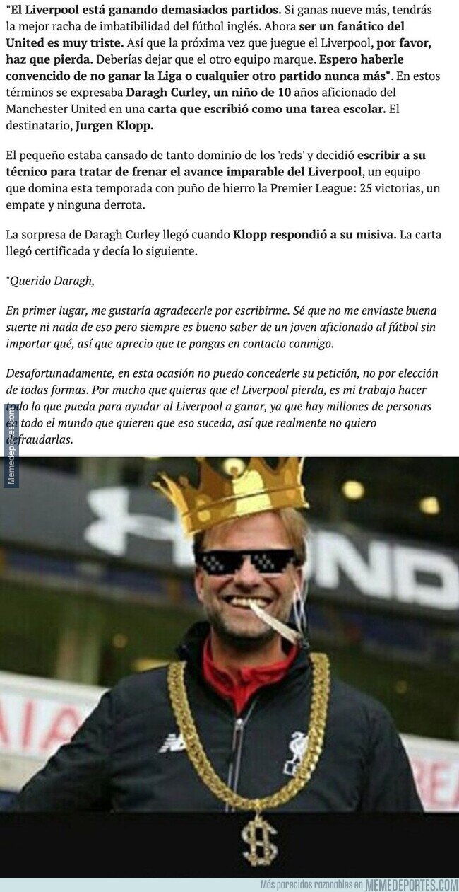 1099252 - Un niño del United le pide a Klopp que deje de ganar y el técnico le responde con una entrañable carta