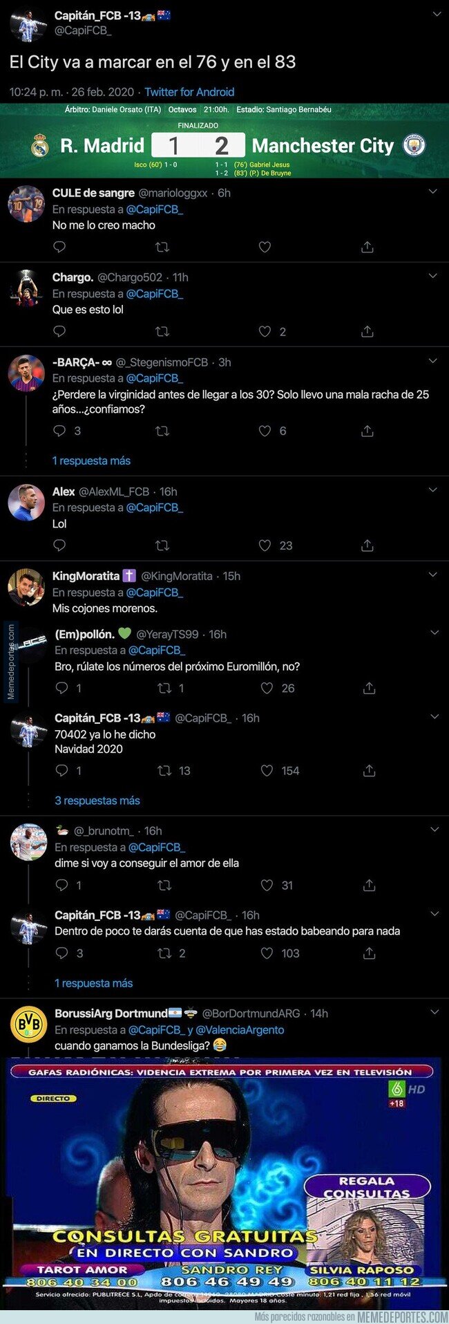 1099366 - Brutal: este aficionado del Barça clavó el resultado del Real Madrid-Manchester City y los minutos de los goles con este tuit