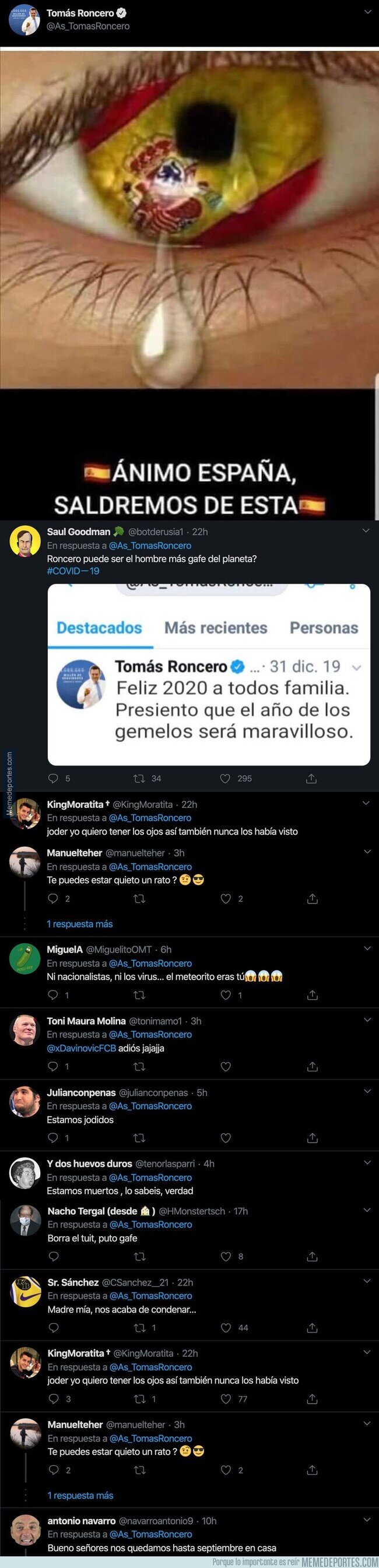 1101493 - Tomás Roncero la lía pardisima tuiteando esto sobre España y el coronavirus y todo el mundo le está respondiendo lo mismo