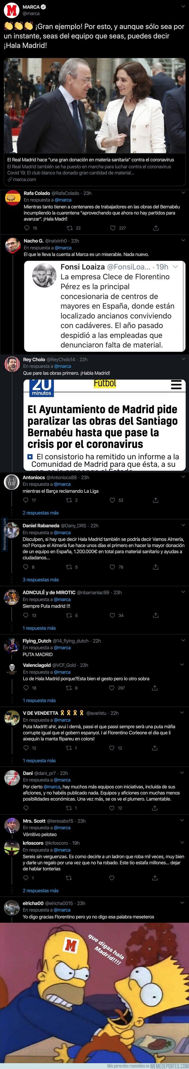 1101536 - El Real Madrid hace una donación a la ciudad por el coronavirus y el diario MARCA ha puesto un tuit que ha causado gran indignación entre todos los aficionados