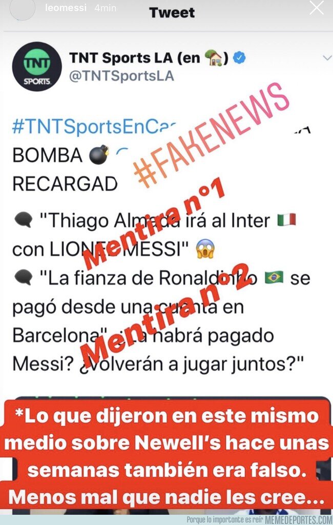 1102384 - Messi quitándole trabajo a un diario local por fake news en esta historia de instagram