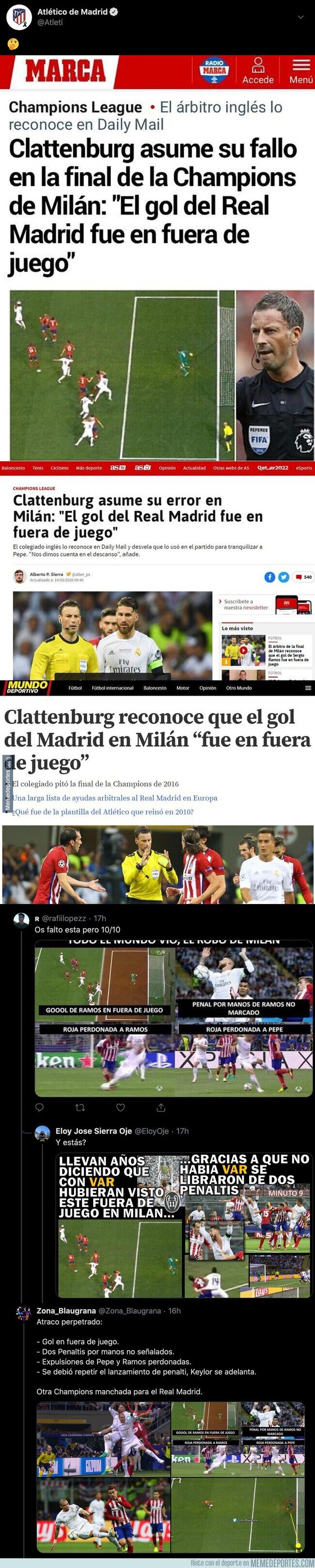 1104498 - El descomunal tuit del Atleti sobre unas declaraciones de Clattenburg por la final de Champions contra el Real Madrid que admite que el Madrid marcó en fuera de juego