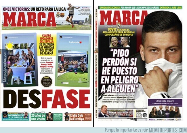 1105232 - Las diferentes portadas de MARCA cuando el confinamiento se lo salta uno del Sevilla vs cuando lo hace uno del Madrid