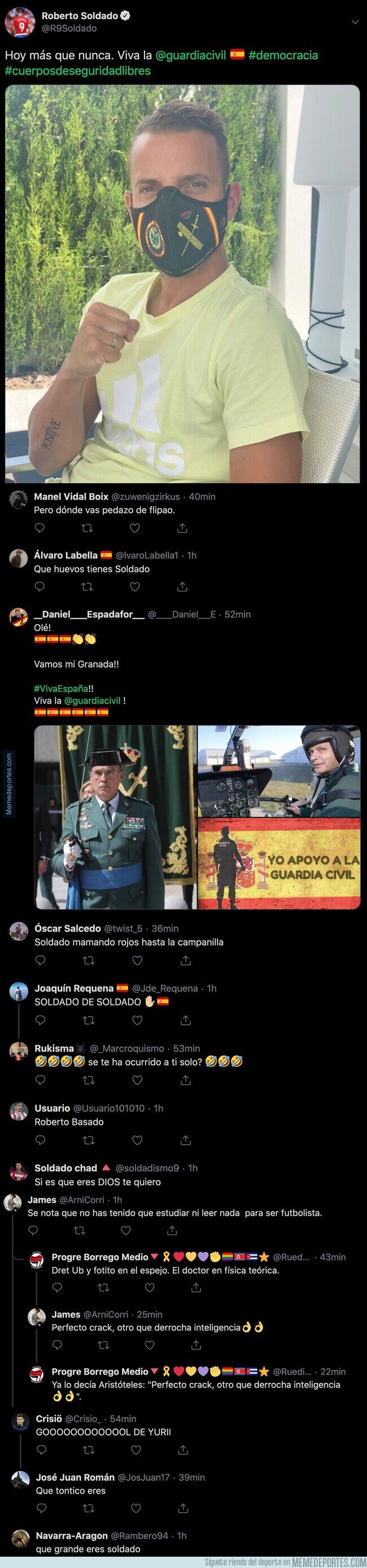 1105267 - Roberto Soldado la lía en Twitter subiendo esta foto con una mascarilla apoyando a la Guardia Civil