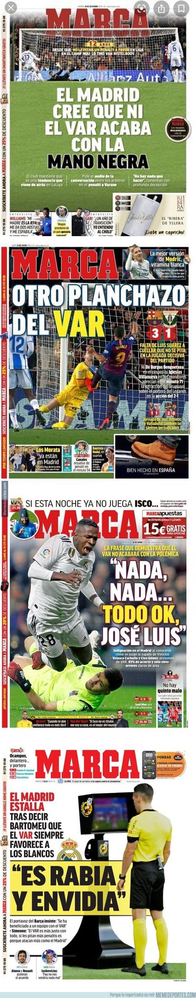 1108783 - Dejan retratado al diario MARCA por su diferencia de portadas cuando ayudan al Barça y al Real Madrid con el VAR
