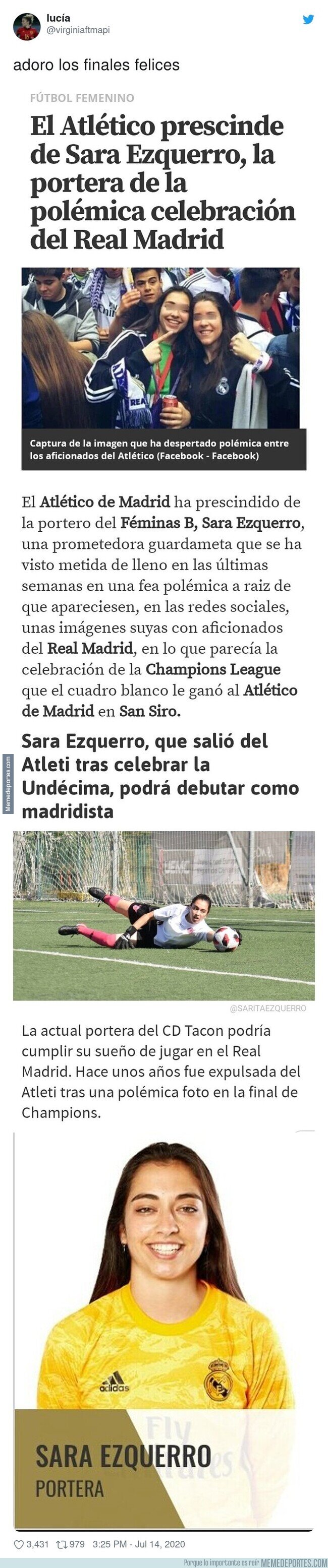 1109547 - La historia con final feliz de Sara Ezquerro, la portera expulsada del Atlético Féminas por celebrar la Undécima del Madrid