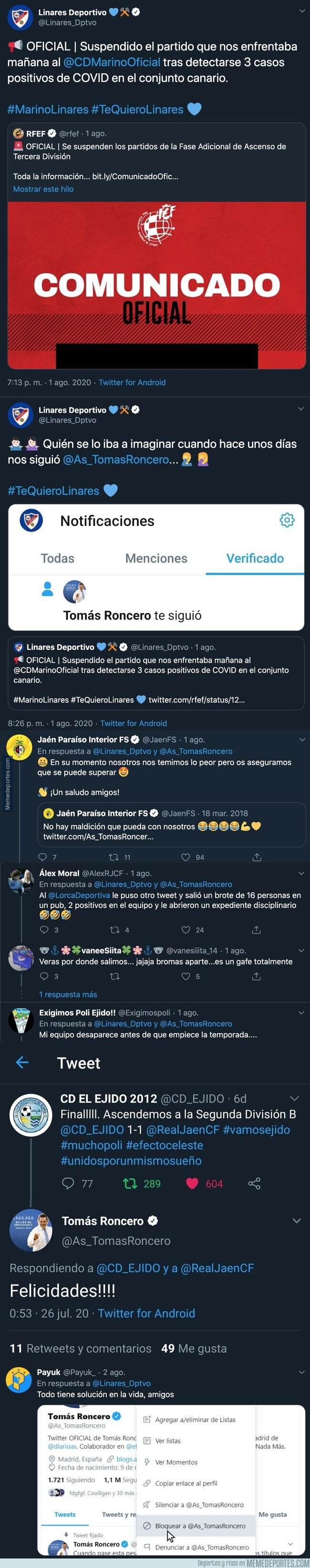 1111090 - Muy grande: El Linares encuentra al culpable de que se haya cancelado su partido al encontrar 3 positivos por coronavirus en el equipo rival