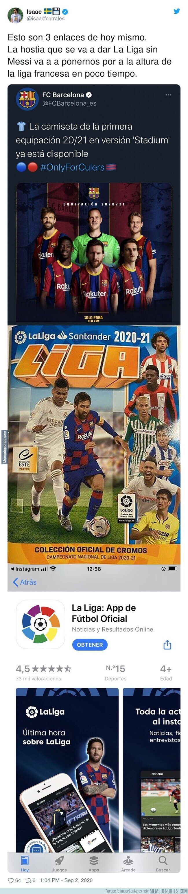 1114797 - Tres imágenes juntas que demuestran que LaLiga sin Messi será la nueva liga de granjeros que a nadie le importará