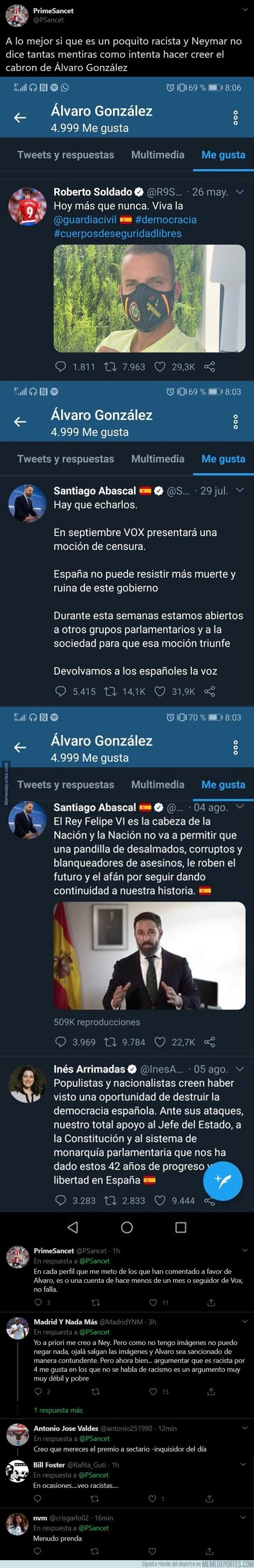 1115697 - Los polémicos 'me gusta' de Álvaro González en Twitter que podría dejar claro que si tiene ideas racistas y Neymar no miente