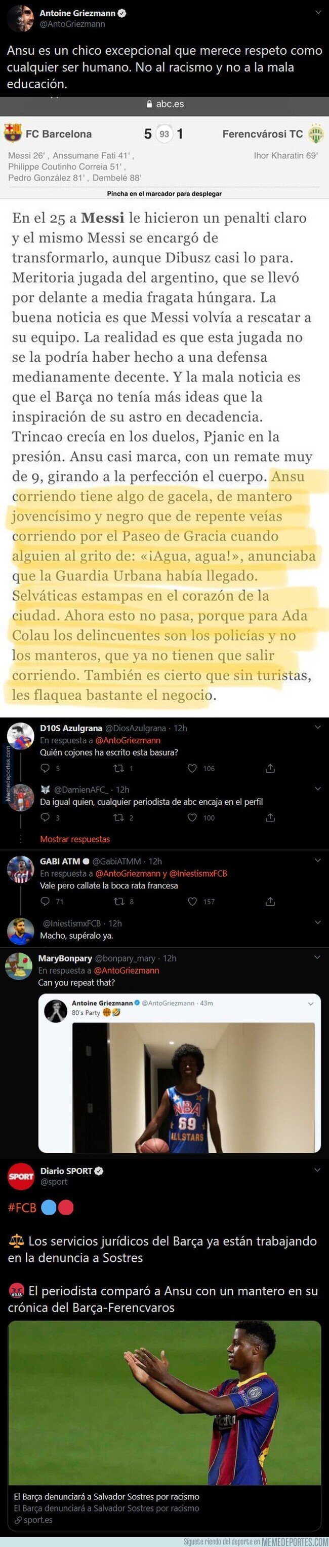 1118587 - Totalmente vomitivo el artículo racista que le han dedicado a Ansu Fati que el Griezmann ha denunciado en redes sociales con este mensaje