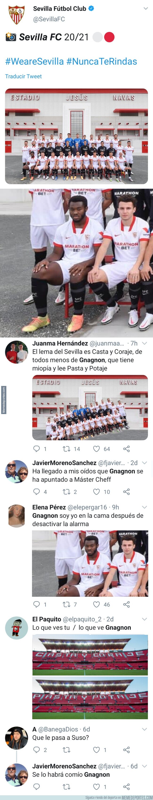 1119930 - Joris Gnagnon reaparece en la foto oficial del Sevilla y las redes se ceban con él