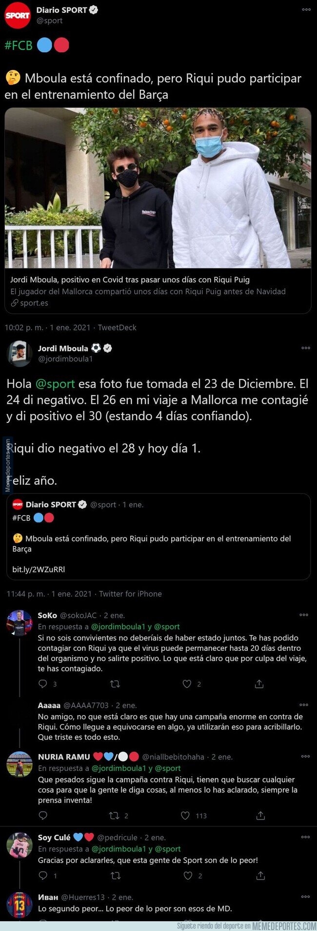 1124360 - Mboula le acaba de pegar un ZAS enorme al diario SPORT por esta imagen con Riqui Puig tras dar positivo por coronavirus