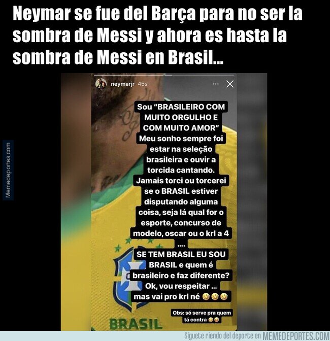 1139431 - Neymar carga contra los brasileños que apoyarán a Argentina por Messi