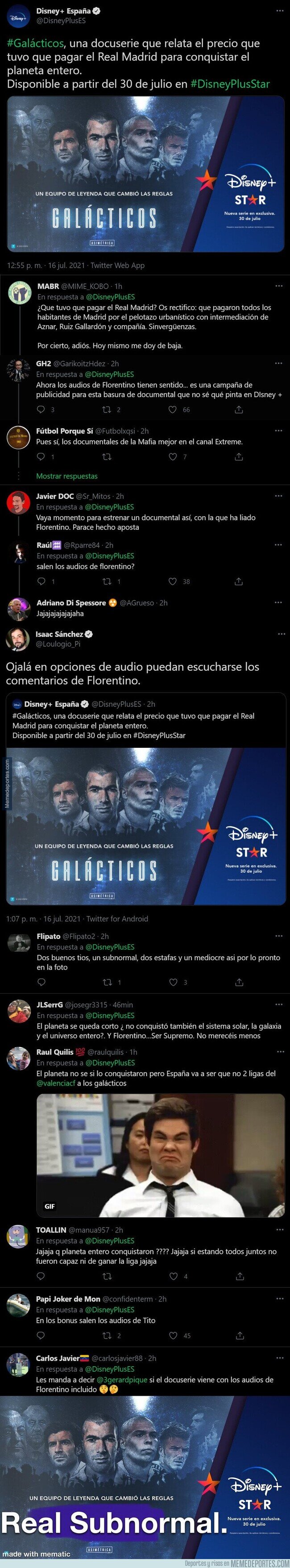 1140048 - Disney+ anuncia el estreno de la película de Los Galácticos del Real Madrid y no tarda en aparecer el cachondeo en las respuestas por los escándalos de Florentino