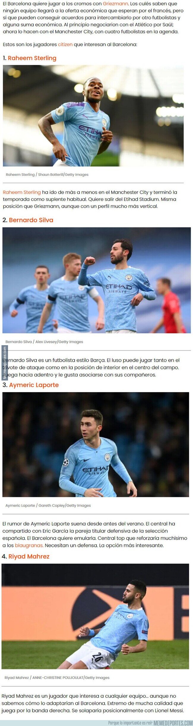 1140402 - Estos son los futbolistas del Manchester City que interesan al Barcelona y podrían cambiar por Griezmann