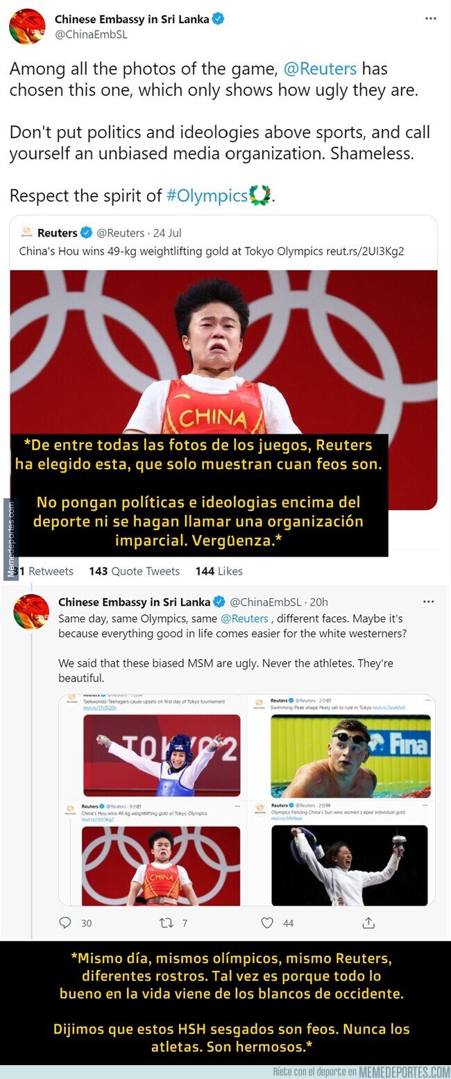 1140888 - La embajada de China en Sri Lanka se ponen paranoicos y acusan a Reuters de querer hacer ver a los atletas chinos como 'feos'