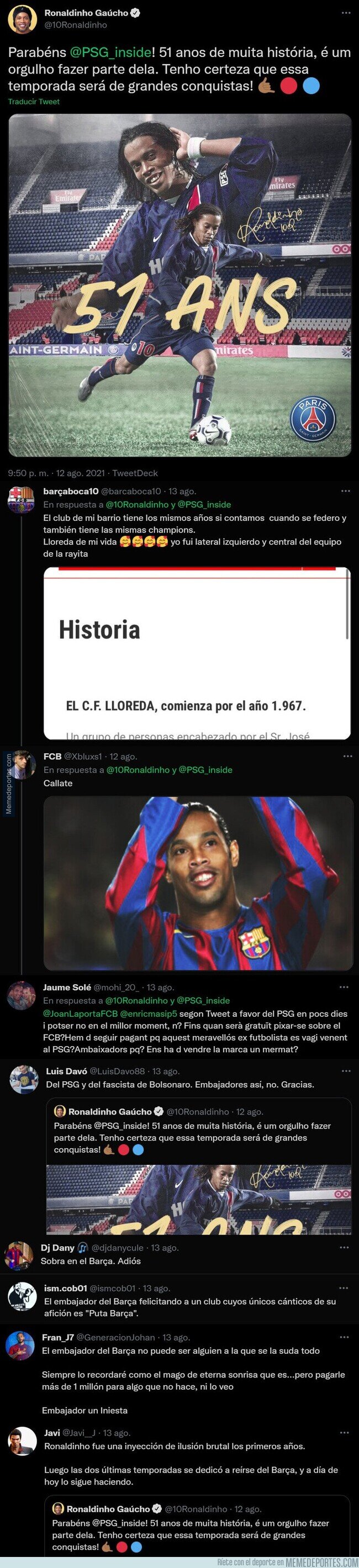 1142345 - El mensaje de Ronaldinho al PSG que no ha hecho ni puñetera gracia a los aficionados del Barça y piden a Laporta que le eche como embajador del club