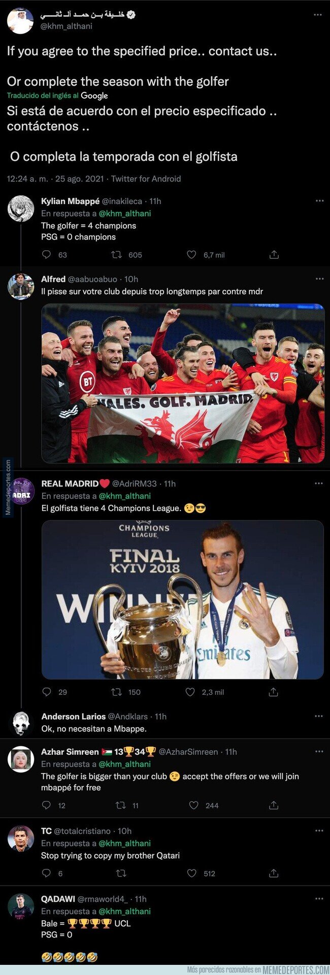 1142889 - Este jeque qatarí del PSG se intenta reír del Real Madrid a costa de Bale por la oferta de Mbappé y sale totalmente escaldado en las respuestas