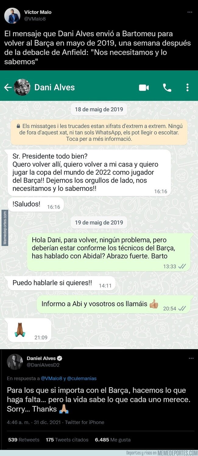 1152167 - Bartomeu saca a la luz este whatsapp con Dani Alves justo después de la debacle de Anfield.
