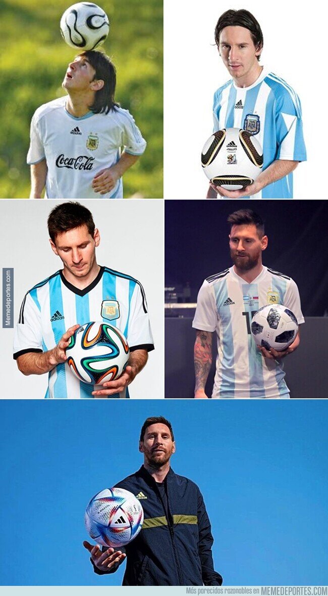 1158224 - Nada especial. Solo fotos de Leo con los balones de todos los mundiales que ha jugado