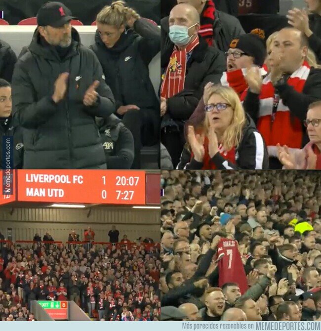1159720 - Al minuto 7 Anfield se pone de pie, aplaude y canta 'You'll never walk alone' en solidaridad con Cristiano. #Respect