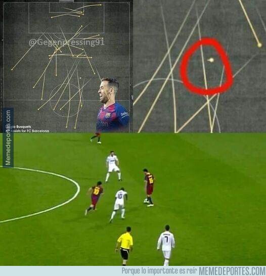 1178208 - Un estadista hizo una infografía sobre las 38 asistencias que dio Busquets en Barcelona. Una de ellas nos llamó la atención por el lugar del campo de juego y el corto recorrido del pase. ¿Qué sucedió?