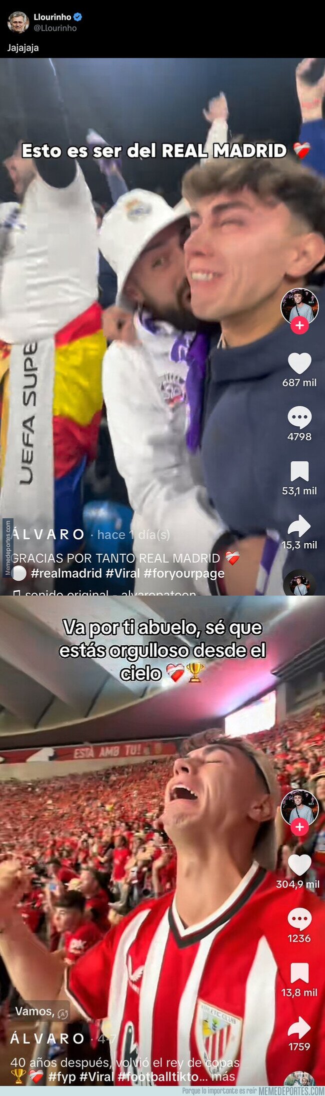 1203620 - Críticas a este 'titkoker' por celebrar así las victorias de Real Madrid y Athletic Club