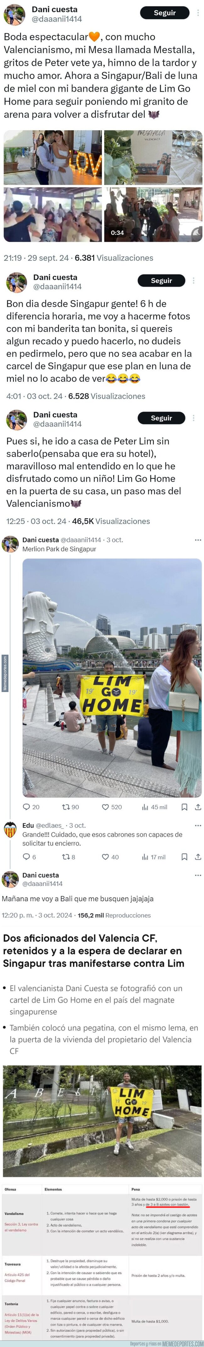 1211180 - Un aficionado del Valencia, detenido por protestar en la casa de Peter Lim durante su luna de miel en Singapur
