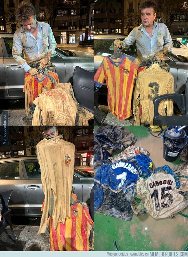 1211822 - Este fan del Valencia se metió a su casa bajo el lodo para rescatar su colección de camisetas. Espero que estén todas