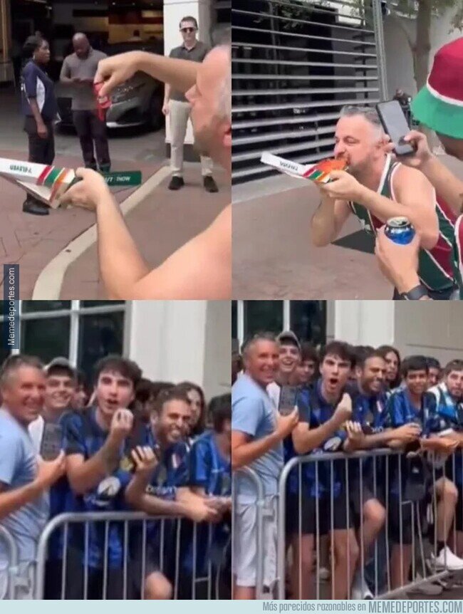 1225513 - Fan del Fluminense le pone ketchup a una pizza frente a los italianos.