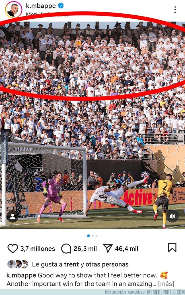 1225762 - Llegó la distopía: Mbappé sube una foto editada con IA para simular que hay más público.