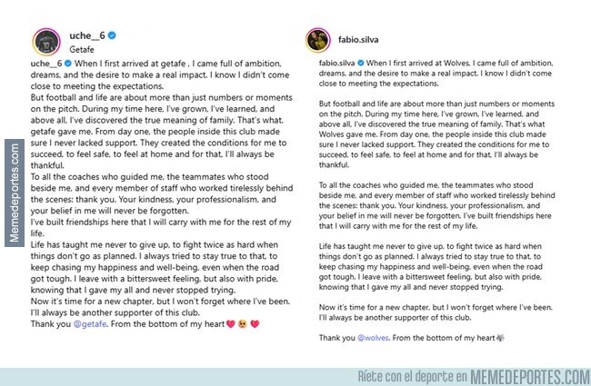 1229143 - Que vergüenza, Uche y  Fabio Silva se despiden de sus respectivos clubes con el mismo mensaje
