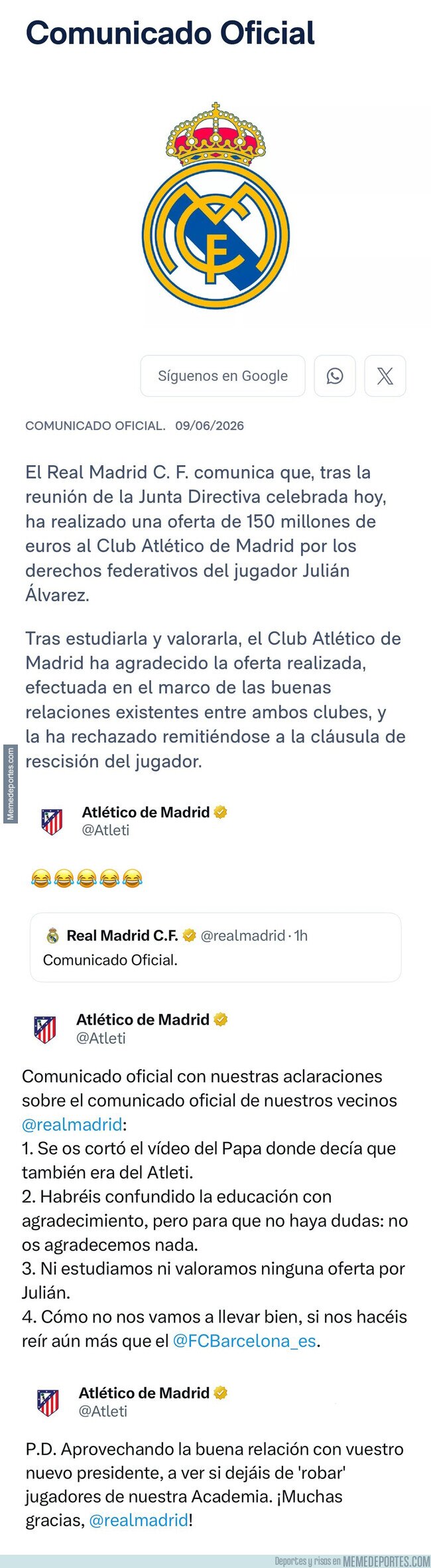 1241066 - El comunicado del Madrid anunciando su oferta de 150 millones por Julián Alvarez y la respuesta del Atlético