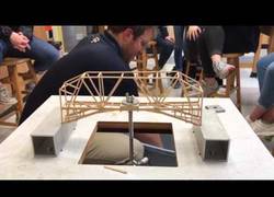 Enlace a Estudiantes de física ponen a prueba la resistencia de sus puentes de madera con cubos de arena